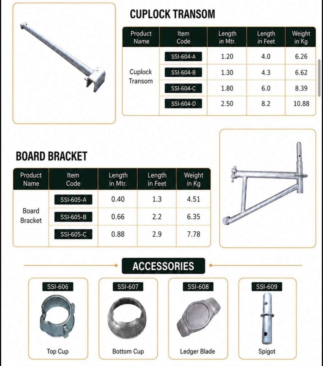 Cuplock transom, board bracket and cup accessories with codes and weights