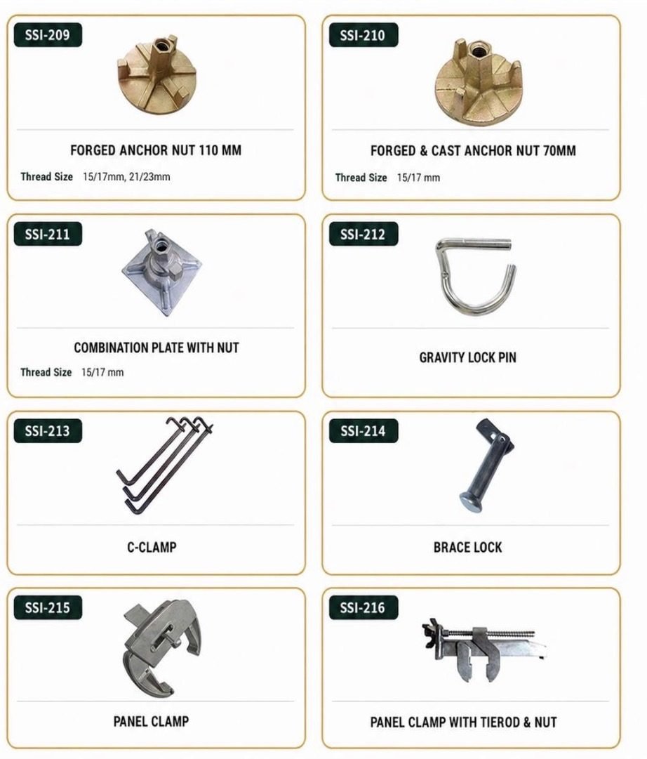 Forged anchor nuts, combination plate, gravity lock pin, C-clamp, brace lock and panel clamps