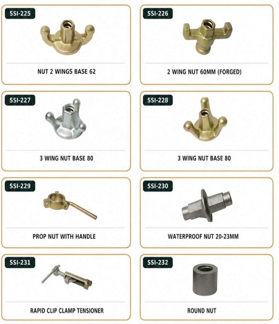 Two and three wing nuts, prop nut with handle, waterproof nut, rapid clip clamp tensioner and round nut