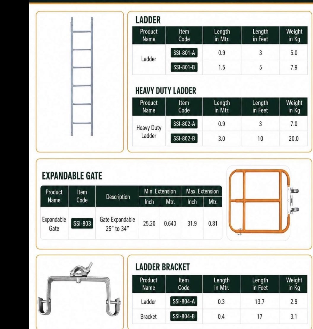 Ladders, heavy duty ladders, expandable gate and ladder brackets with lengths and weights