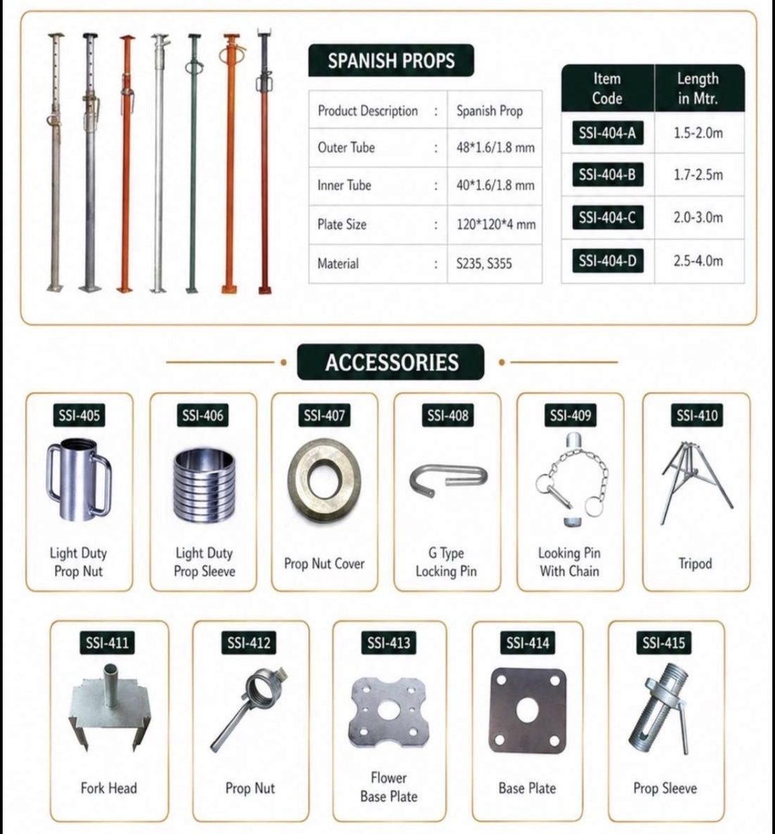 Spanish props and prop accessories including nuts, sleeves, fork head, tripod and base plates